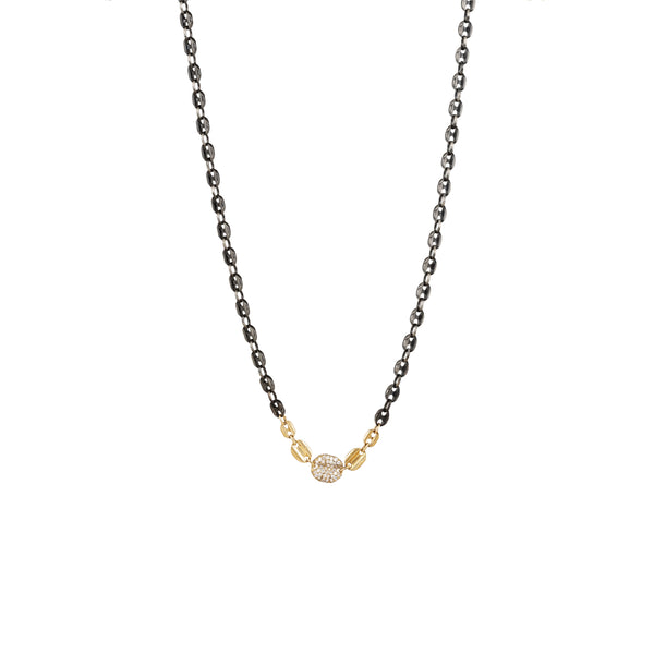 Sterling Silver Black Rhodium FUJI Anchor Chain Necklace with Yellow Gold and Pave diamond link