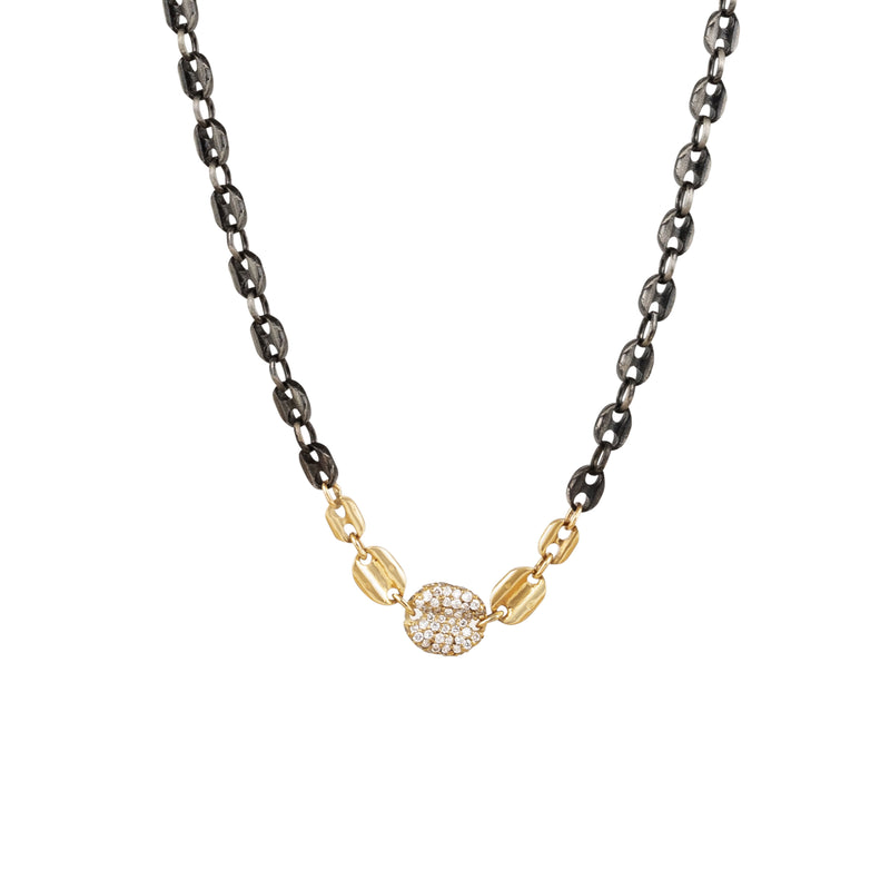 Sterling Silver Black Rhodium FUJI Anchor Chain Necklace with Yellow Gold and Pave diamond link