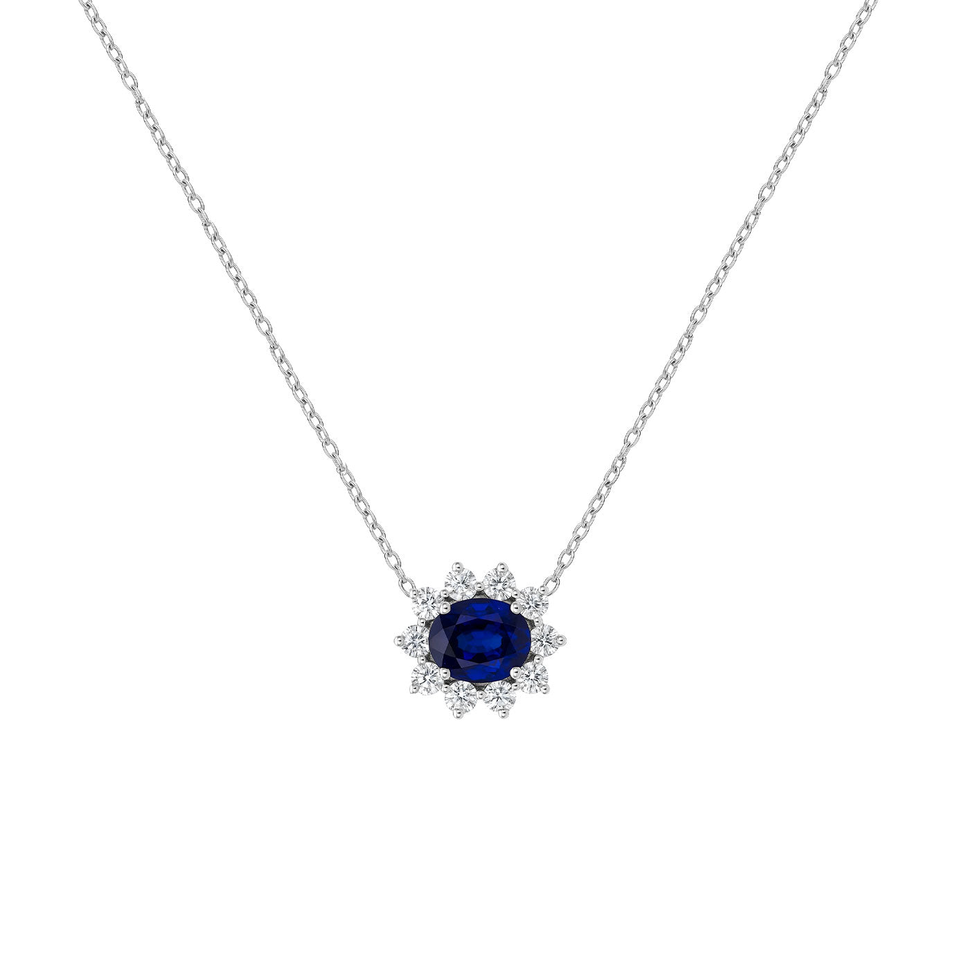 14 Karat White Gold Halo Necklace With A Blue Sapphire And Diamonds