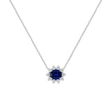 14 Karat White Gold Halo Necklace With A Blue Sapphire And Diamonds