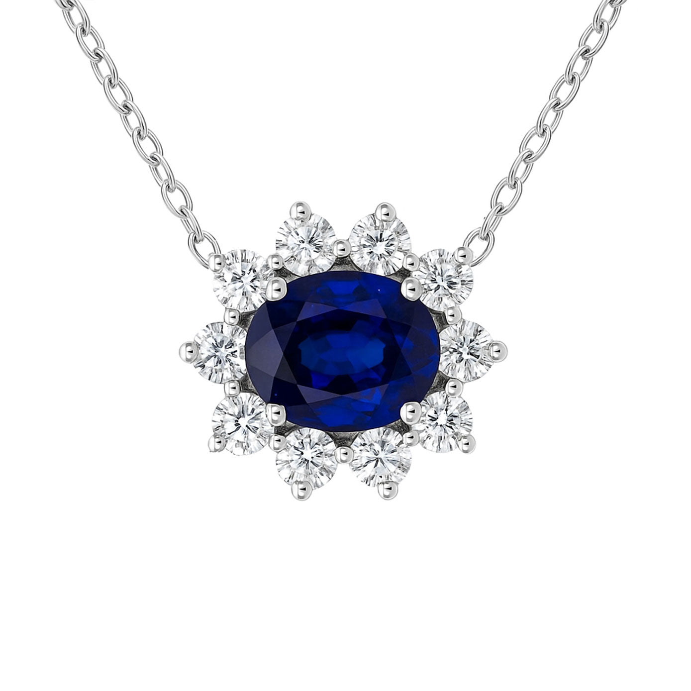 14 Karat White Gold Halo Necklace With A Blue Sapphire And Diamonds