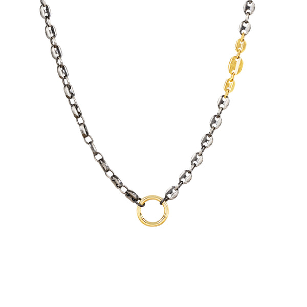 Sterling Silver Black Rhodium and 14 Karat Yellow Gold Gucci Links Chain with Charm Bail
