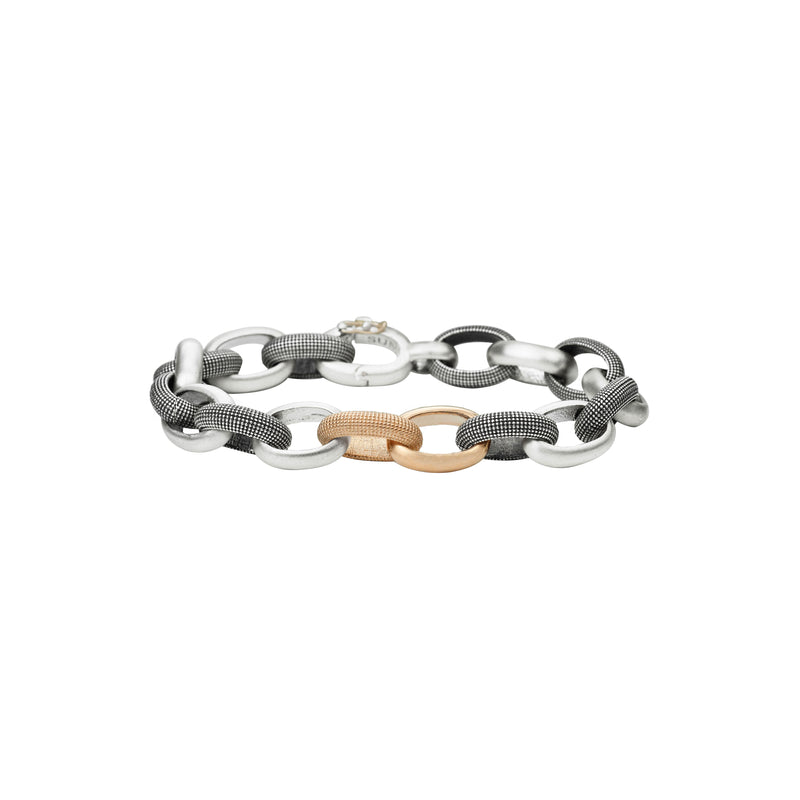 Sterling Silver Vintage Finish and 14 Karat Rose Gold LINN link bracelet