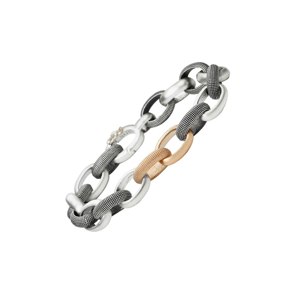 Sterling Silver Vintage Finish and 14 Karat Rose Gold LINN link bracelet