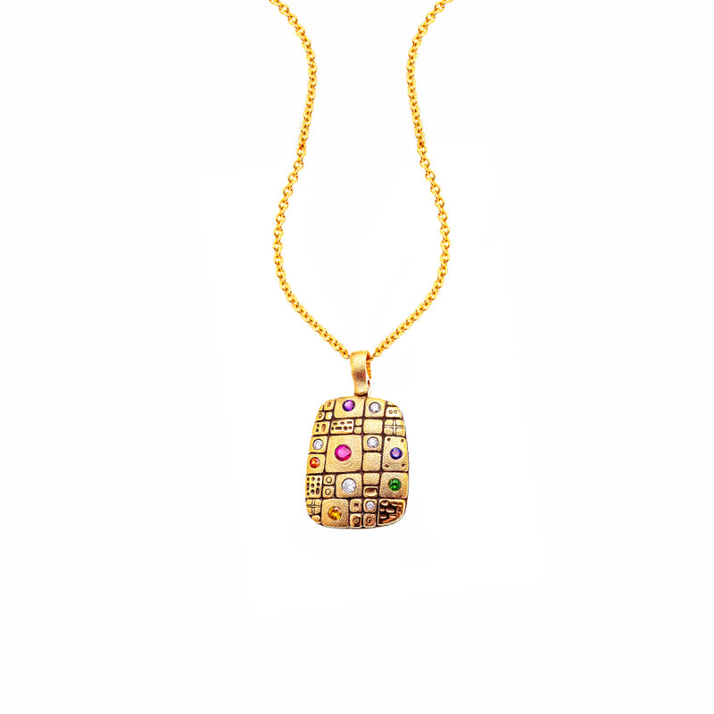 18 Karat Yellow Gold Old Pathway pendant with Ruby, Tsavorite and Diamonds
