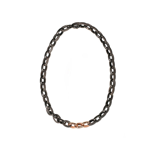 Sterling Silver Black Rhodium Alternating Link NOEL Necklace with Rose Gold links