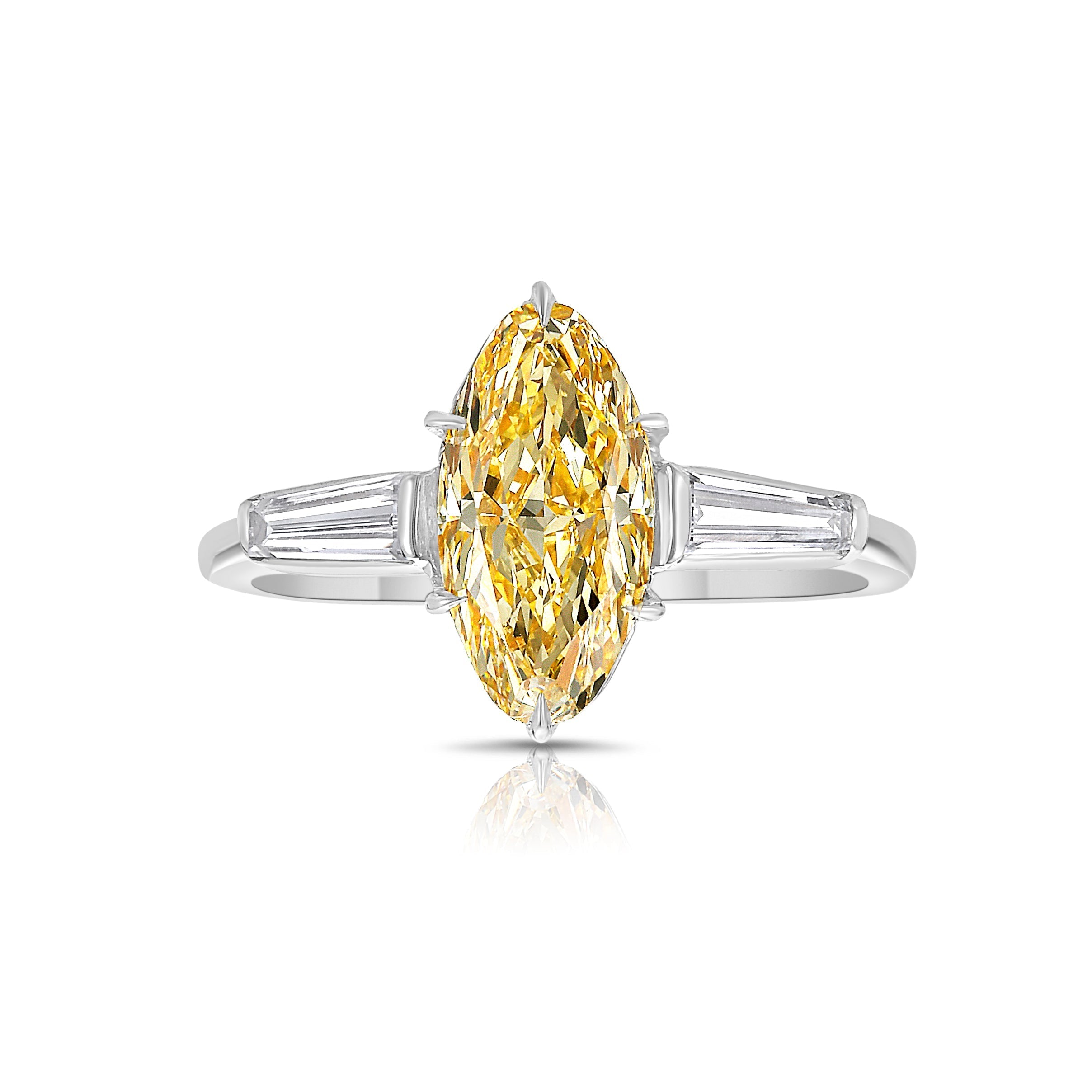 1.40 Carat Fancy Light Yellow Diamond Marquise Cut Diamond Tapered Baguette Side Diamonds VS1 Clarity GIA Certified Diamond Set in Platinum & 18K Gold Handmade in NYC.
