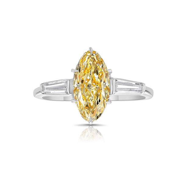 1.40 Carat Fancy Light Yellow Diamond Marquise Cut Diamond Tapered Baguette Side Diamonds VS1 Clarity GIA Certified Diamond Set in Platinum & 18K Gold Handmade in NYC.
