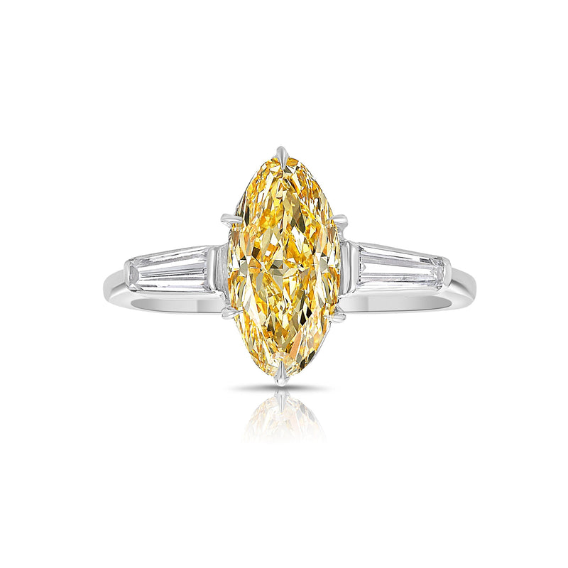 1.40 Carat Fancy Light Yellow Diamond Marquise Cut Diamond Tapered Baguette Side Diamonds VS1 Clarity GIA Certified Diamond Set in Platinum & 18K Gold Handmade in NYC.
