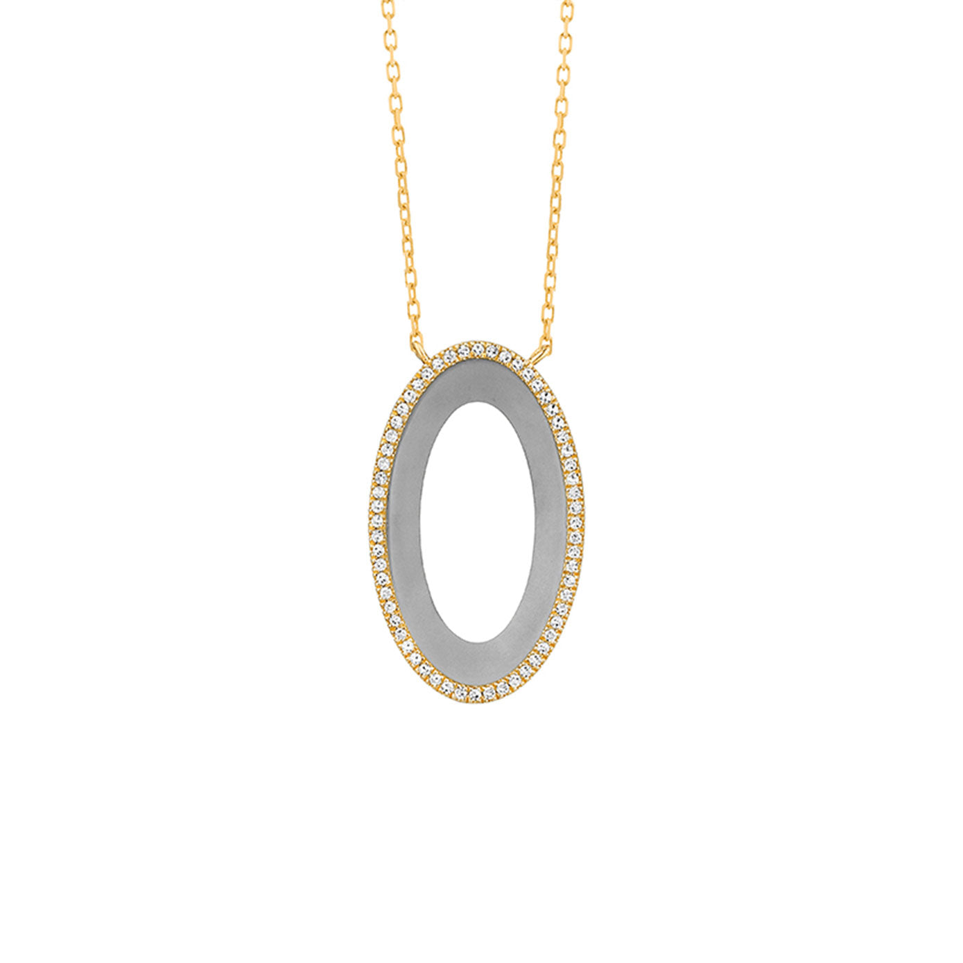 14 Karat Yellow Gold and Titanium Oval open Necklace with Diamonds