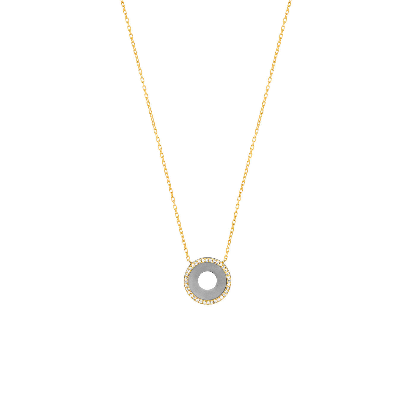 14 Karat Yellow Gold and Titanium open Circle Necklace with Diamonds