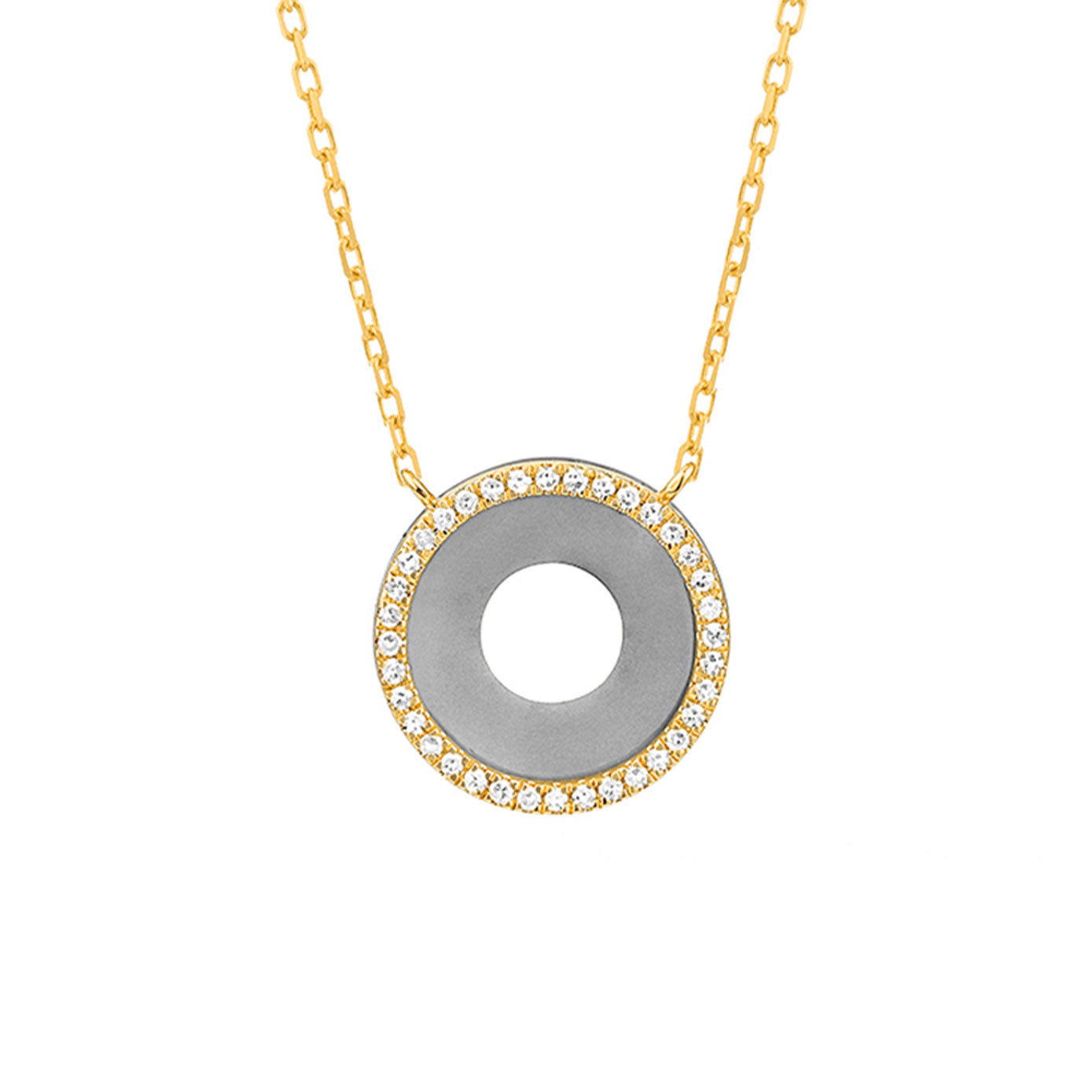 14 Karat Yellow Gold and Titanium open Circle Necklace with Diamonds
