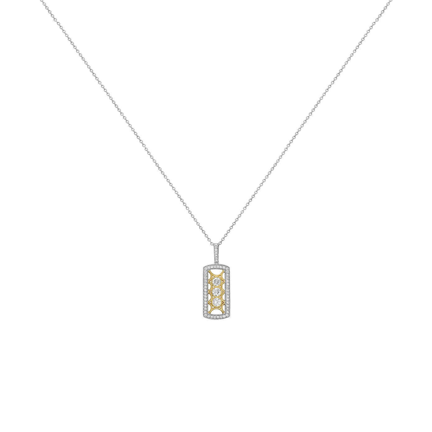 18 Karat Yellow and White Gold Filagree Bar Diamond Pendant