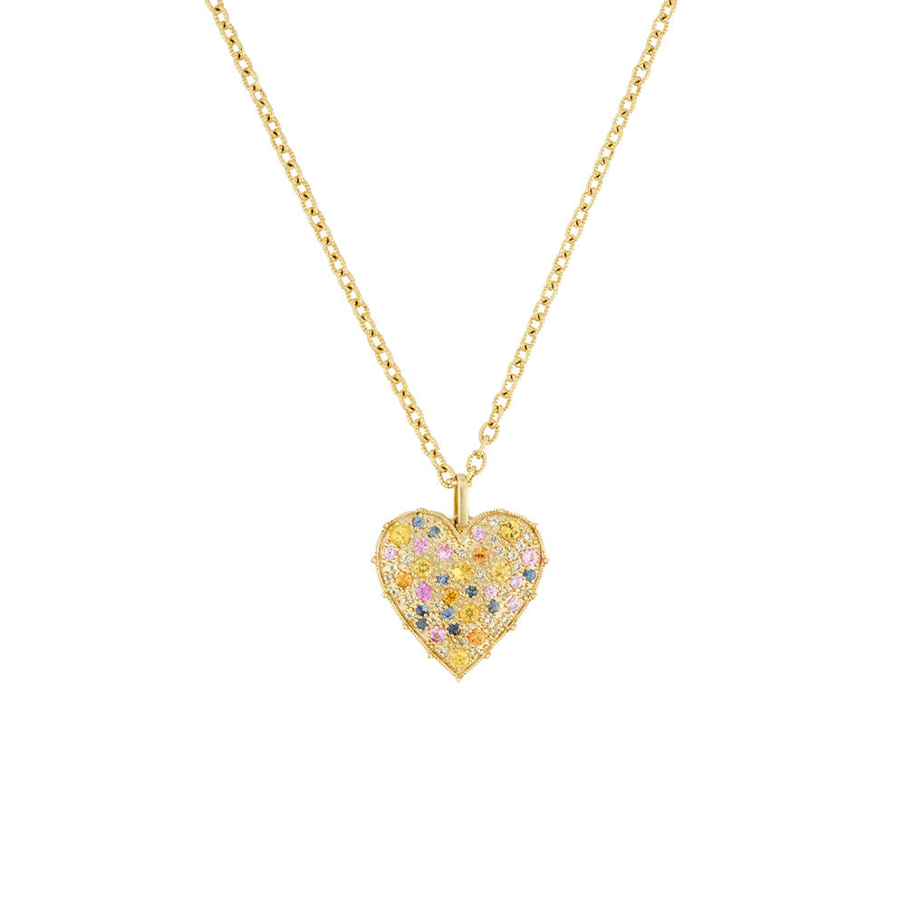 18 Karat Yellow gold Confetti Heart pendant with multi colored sapphires