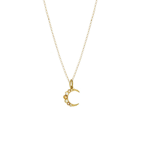 18 Karat yellow gold crescent moon pendant with multi colored diamonds