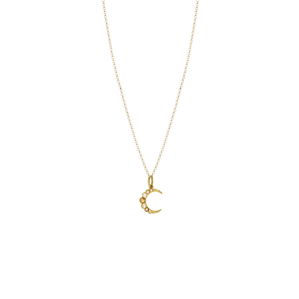 18 Karat yellow gold crescent moon pendant with multi colored diamonds