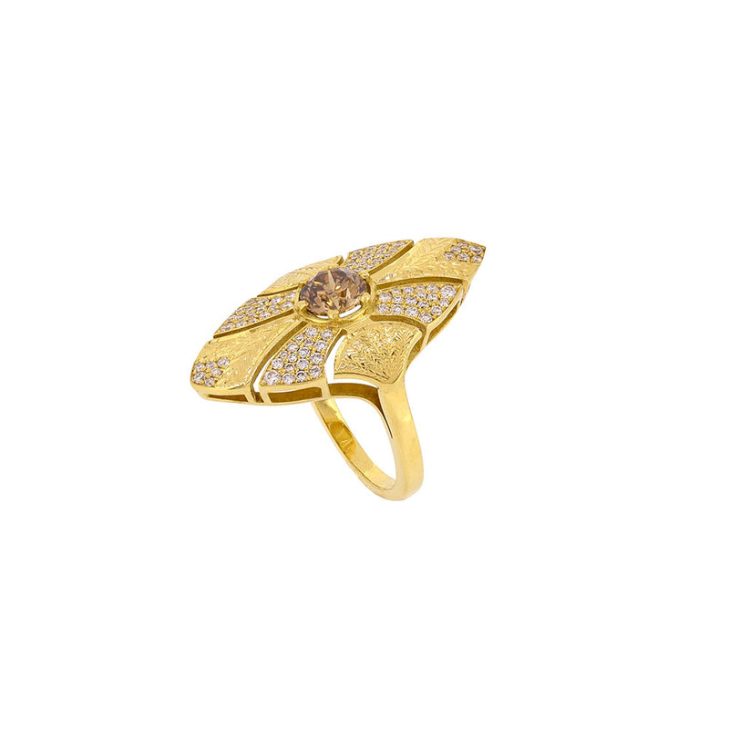 18 Karat Yellow Gold Art Deco Ring with Champagne Diamond