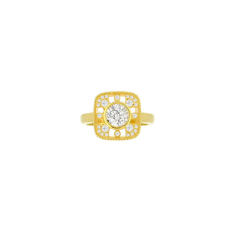 18 Karat Yellow Gold ring Old European Cut Diamond Round with open cut details