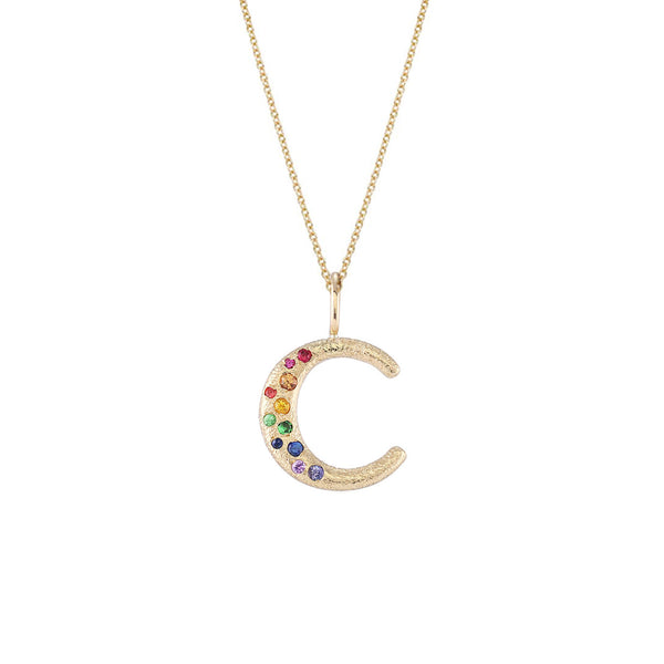 14 Karat Yellow Gold "C" Puffy Letter with Multi Colored Sapphires