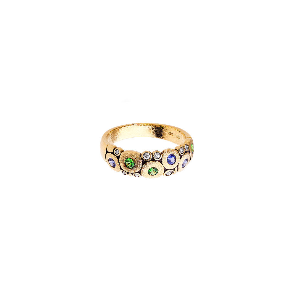 18 Karat Yellow Gold Candy ring with Tsavorites, Blue Sapphires and Diamonds