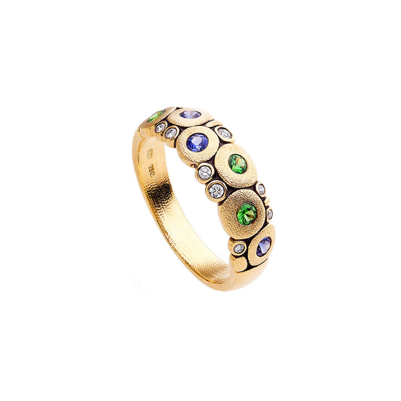 18 Karat Yellow Gold Candy ring with Tsavorites, Blue Sapphires and Diamonds
