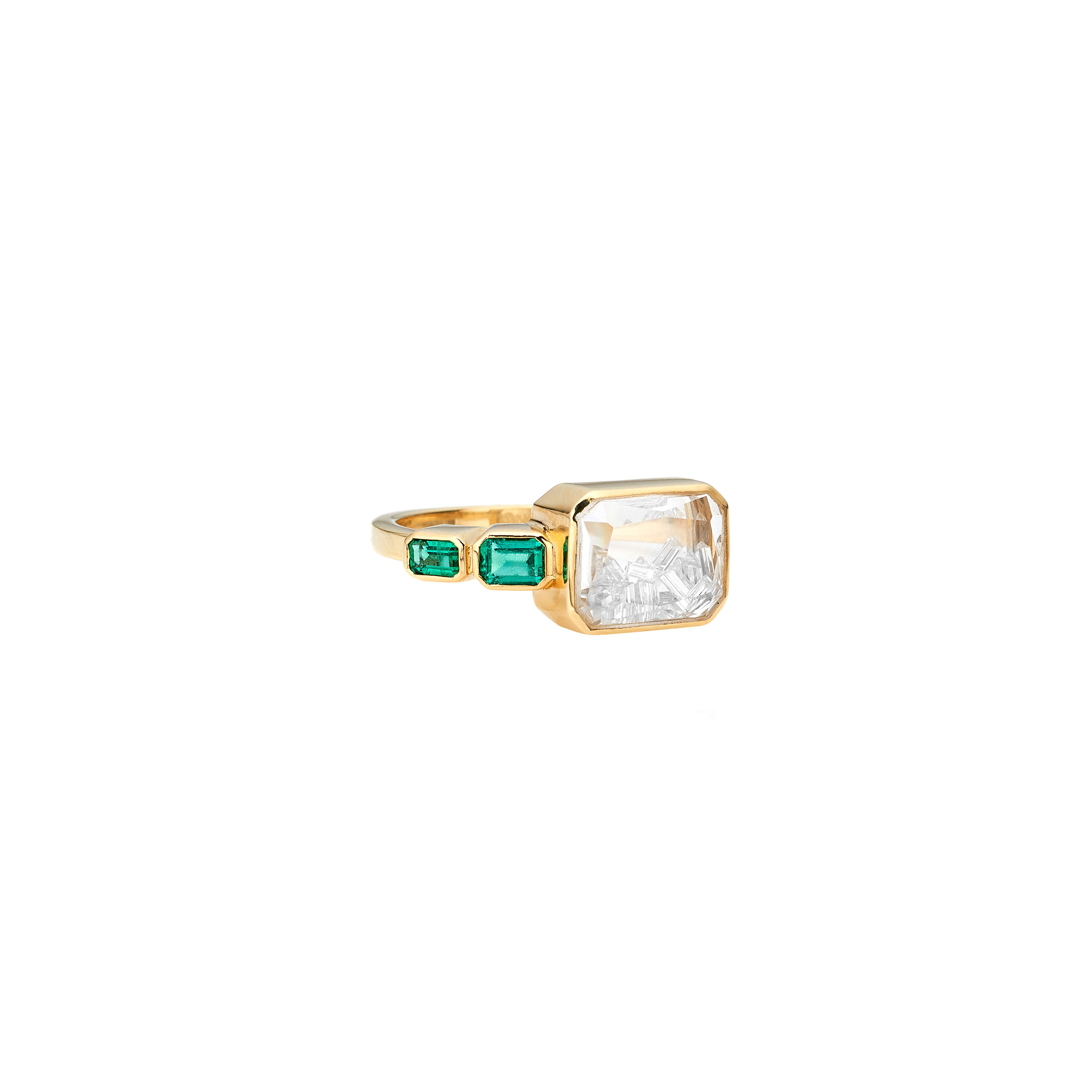 18 Karat Yellow Gold BALA Shaker Ring with emeralds and diamonds