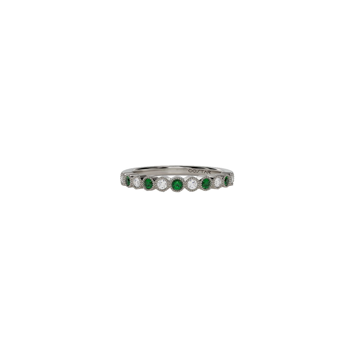 14 karat white gold emerald and diamond bezel set band