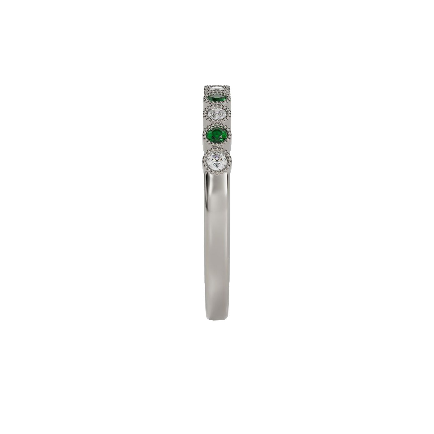 14 karat white gold emerald and diamond bezel set band