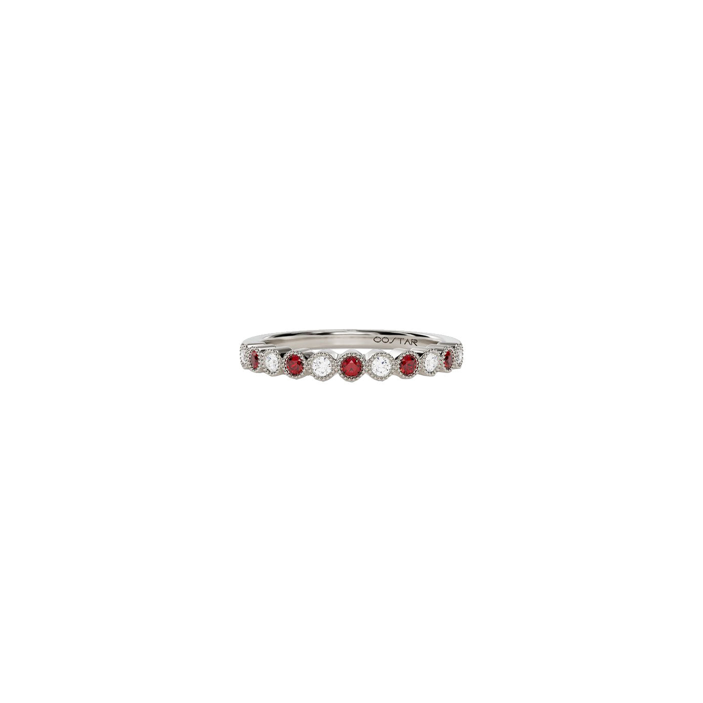 14 karat white gold ruby and diamond bezel set band