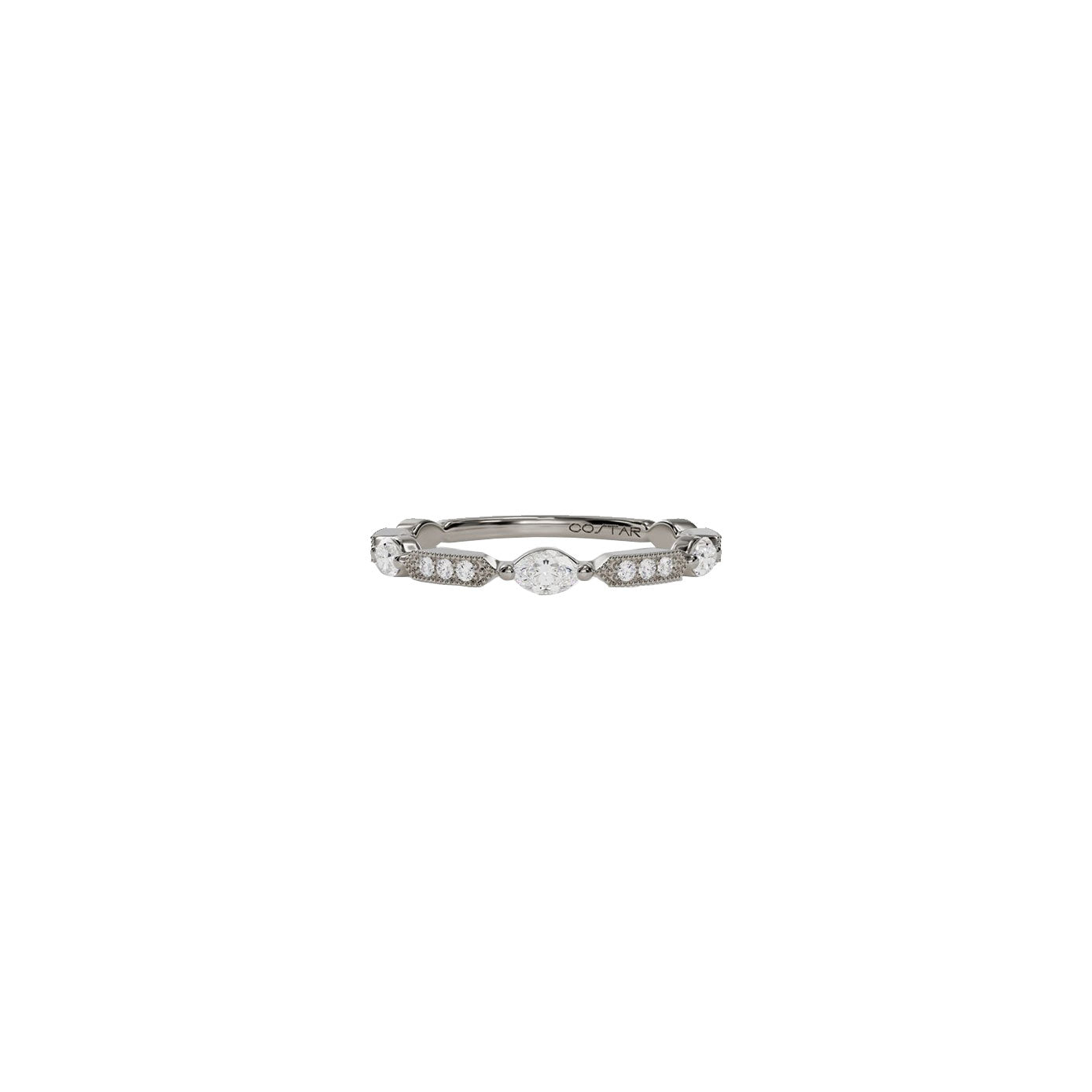 14 karat white gold band with diamond marquise and rounds