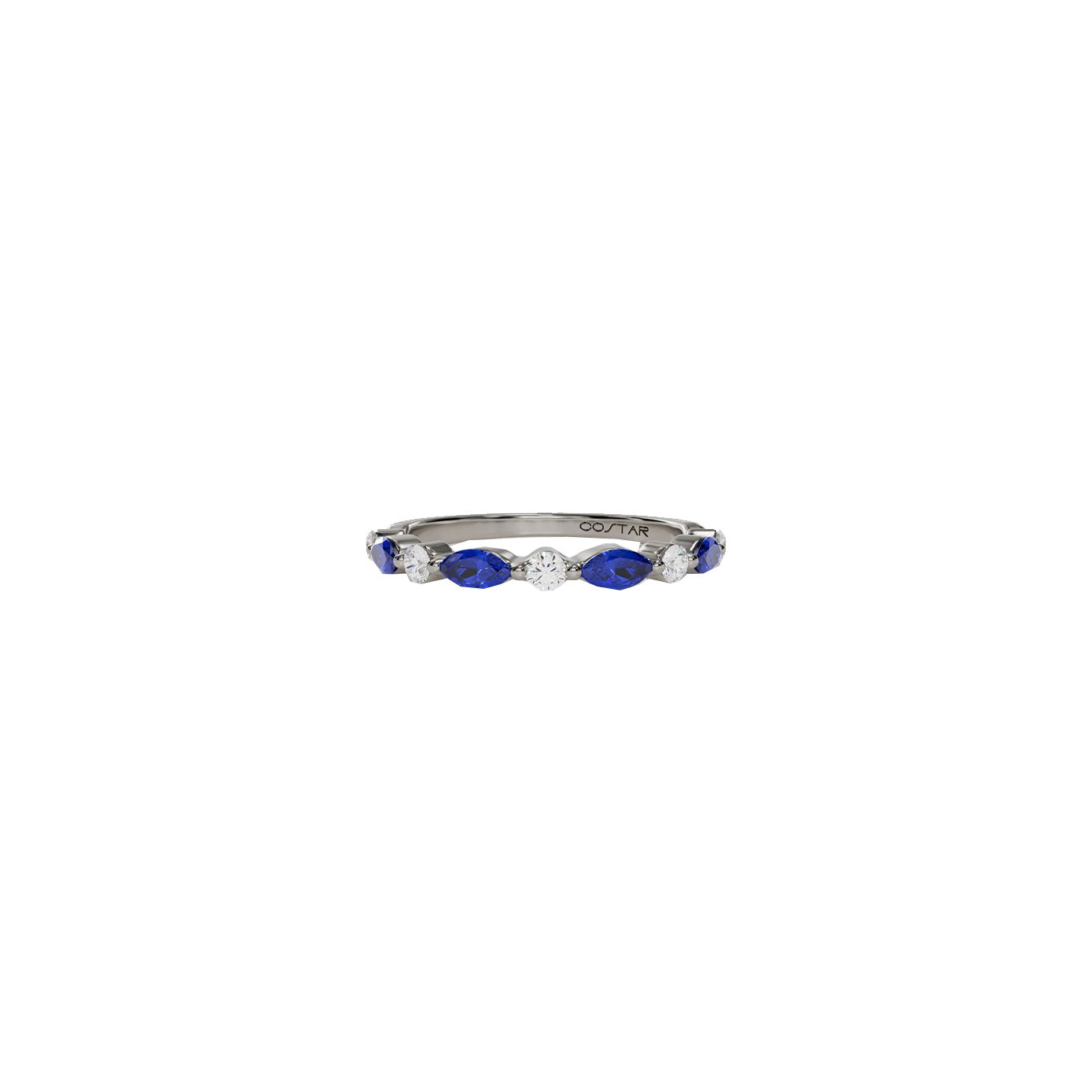 14 Karat white gold band with blue sapphire marquise and diamonds