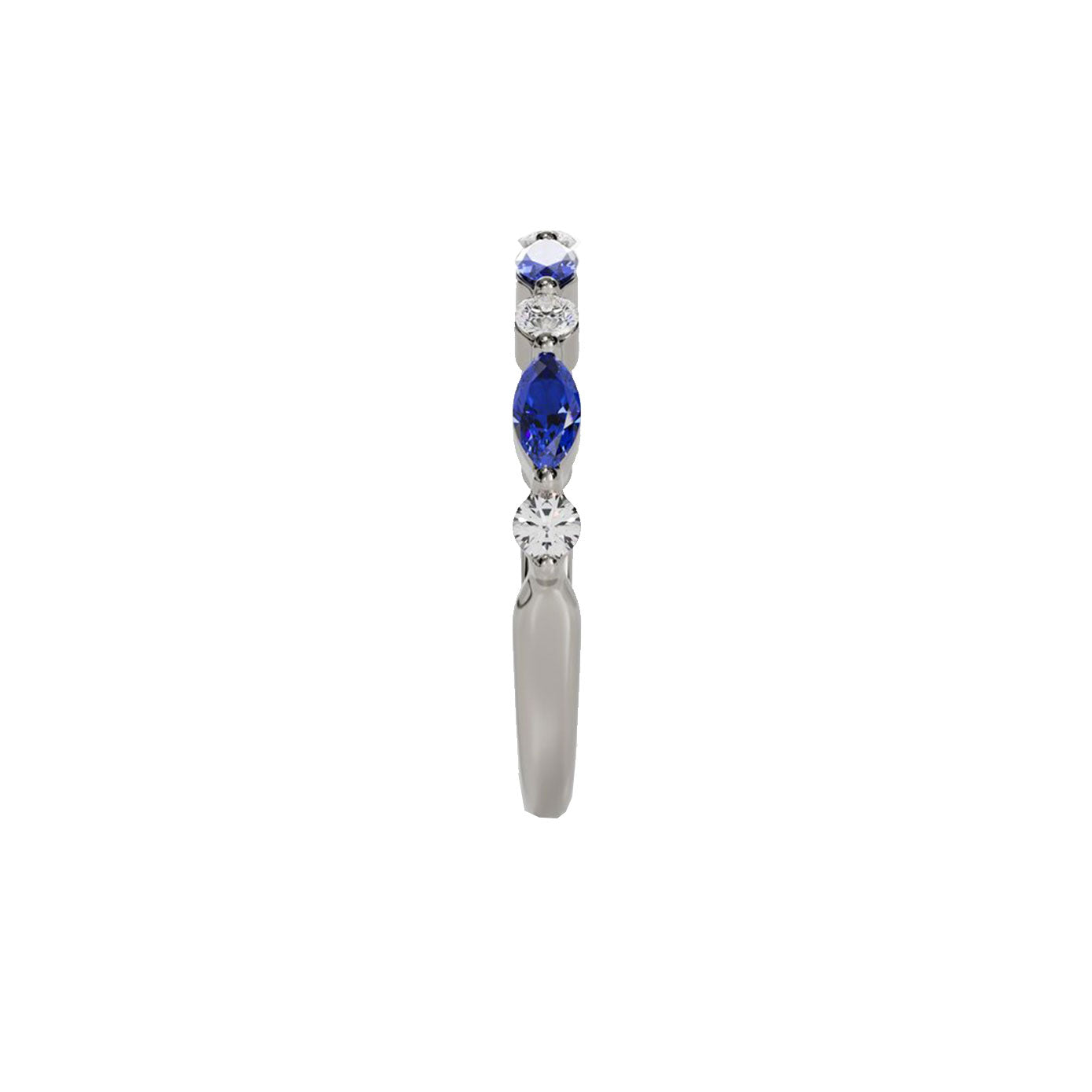 14 Karat white gold band with blue sapphire marquise and diamonds