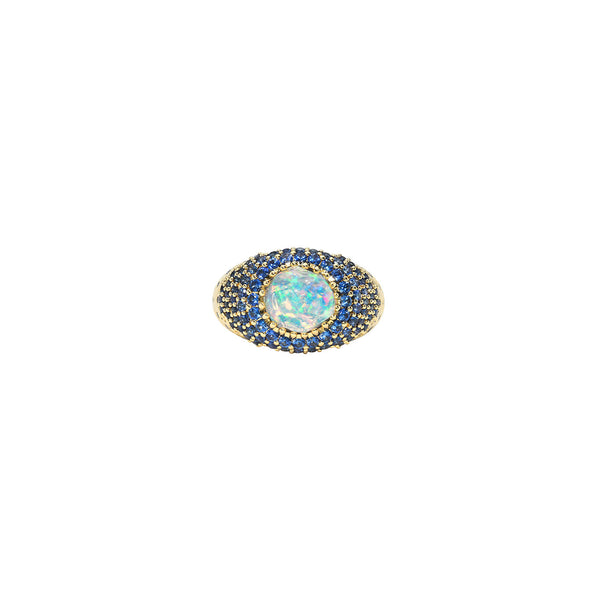 18 Karat Yellow Gold Frozen Fire Domed Ring with Fire Opal and Blue sapphires