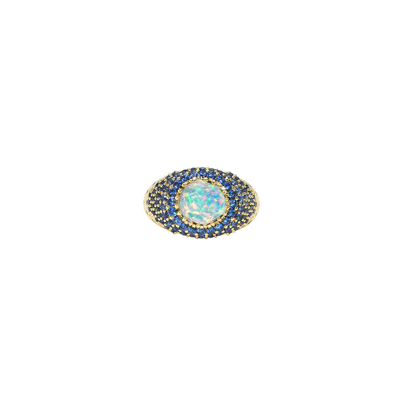18 Karat Yellow Gold Frozen Fire Domed Ring with Fire Opal and Blue sapphires