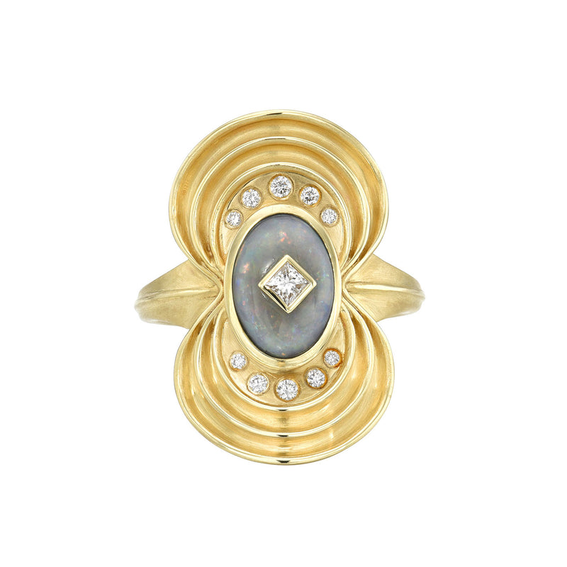 18 Karat Yellow Gold Luxe Nebula Ring with Australian Opal  and Diamonds