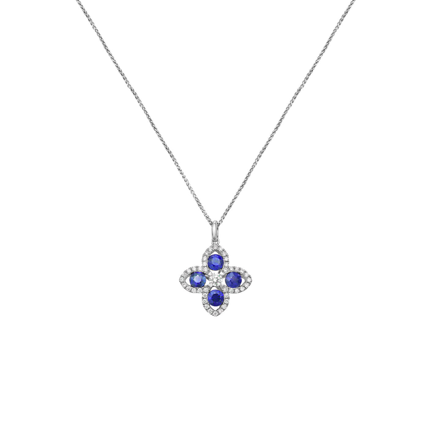 14 Karat White Gold Clover Pendant With Blue Sapphires And Diamonds