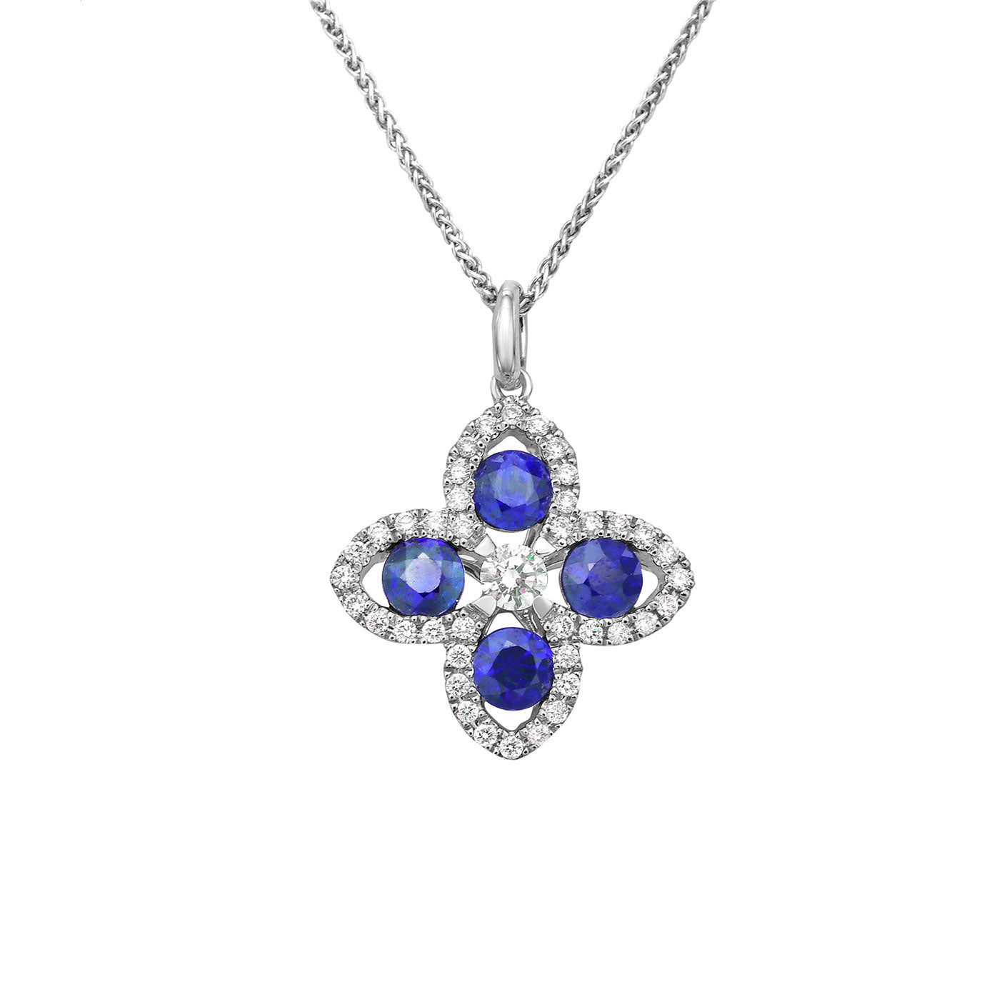 14 Karat White Gold Clover Pendant With Blue Sapphires And Diamonds