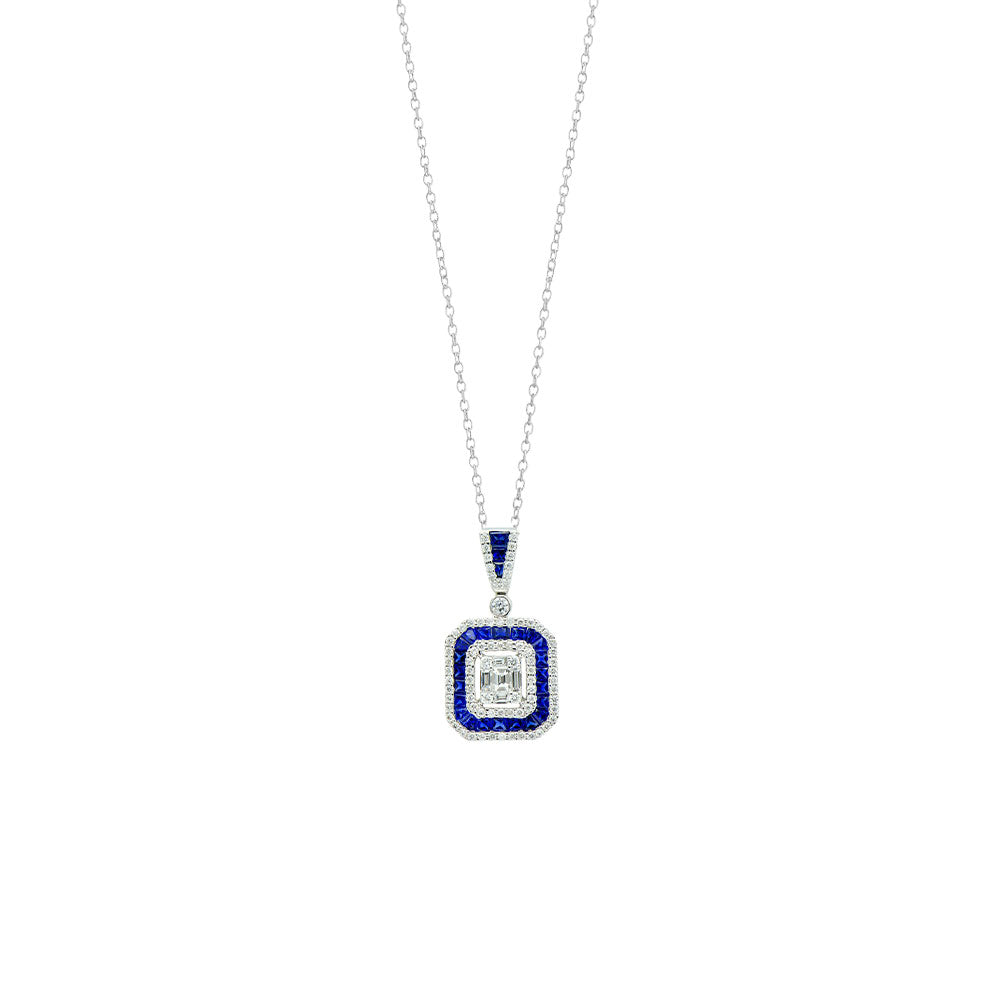 18 Karat White Gold Illusion Set Pendant with Diamonds and Sapphires