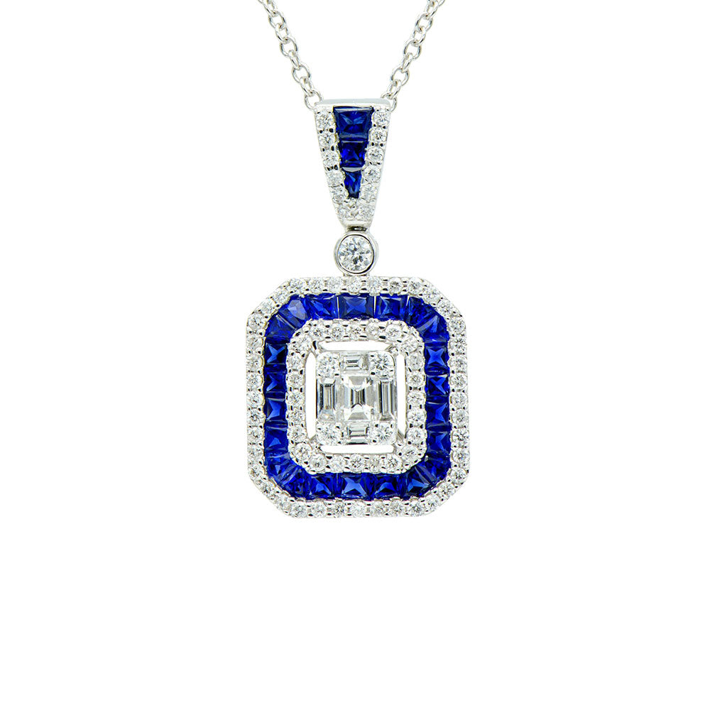 18 Karat White Gold Illusion Set Pendant with Diamonds and Sapphires