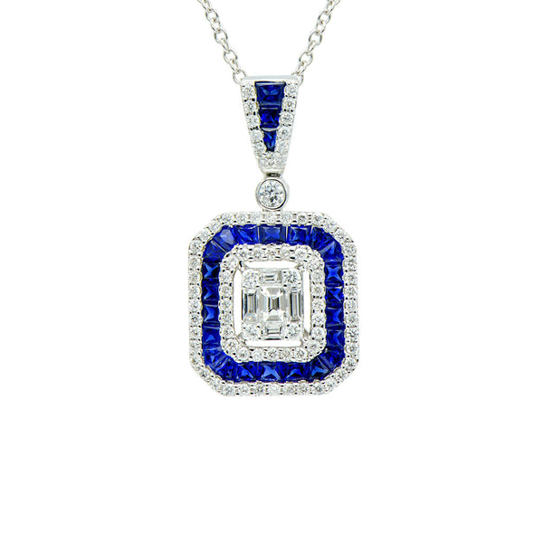 18 Karat White Gold Illusion Set Pendant with Diamonds and Sapphires