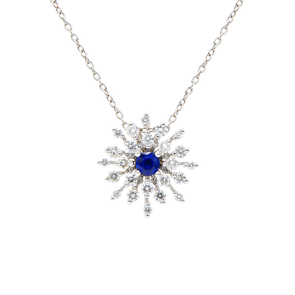 18 Karat White Gold Sapphire and Diamond Starburst Necklace