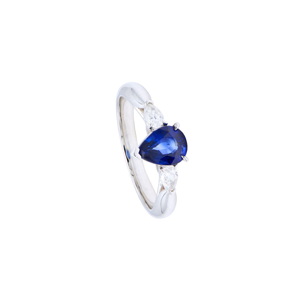 18 Karat White Gold Three Stone Ring with Pear Shape Sapphire