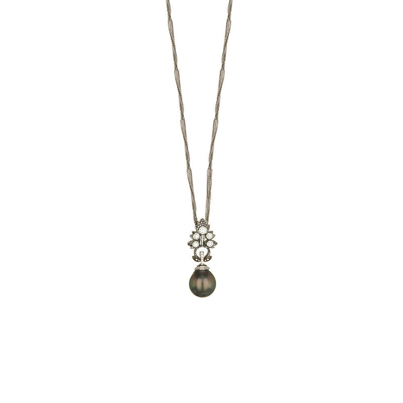 18 Karat White Gold Black Rhodium Tahitian Pearl and Diamond Necklace