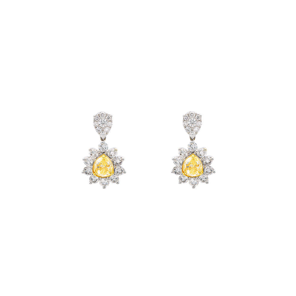 18 Karat White Gold drop earrings with Pear shape Fancy Yellow Diamond and white diamonds