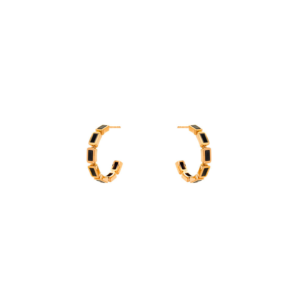 8 Karat Yellow Gold SIMONE bezel hoops with Black Diamond Baguette