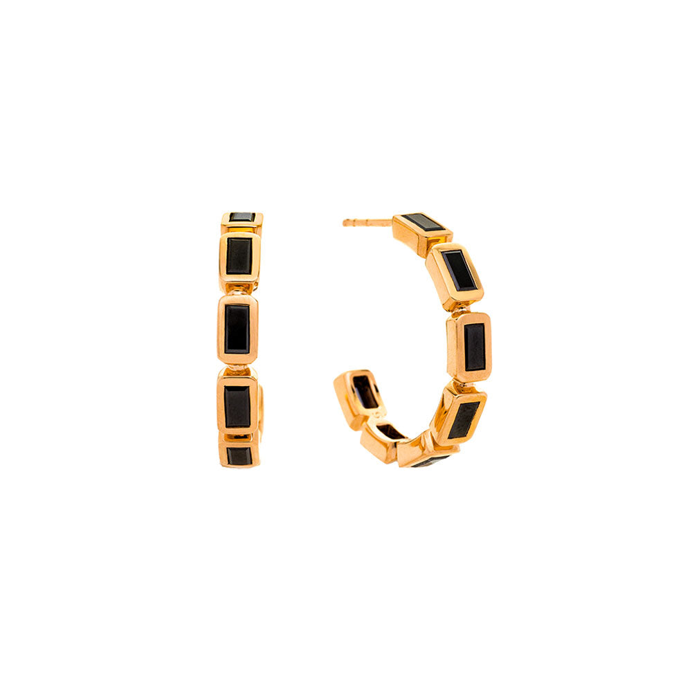 8 Karat Yellow Gold SIMONE bezel hoops with Black Diamond Baguette