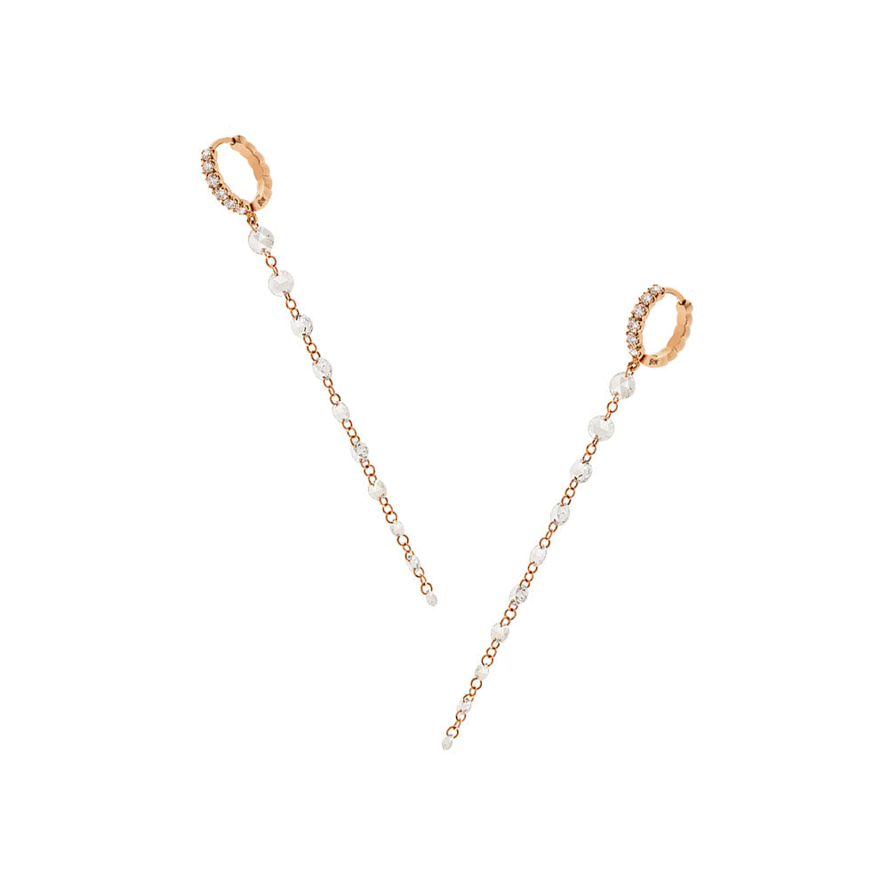 18 Karat Rosé Gold CIEN linnear drop earrings with white Diamond Rose Cut Diamonds