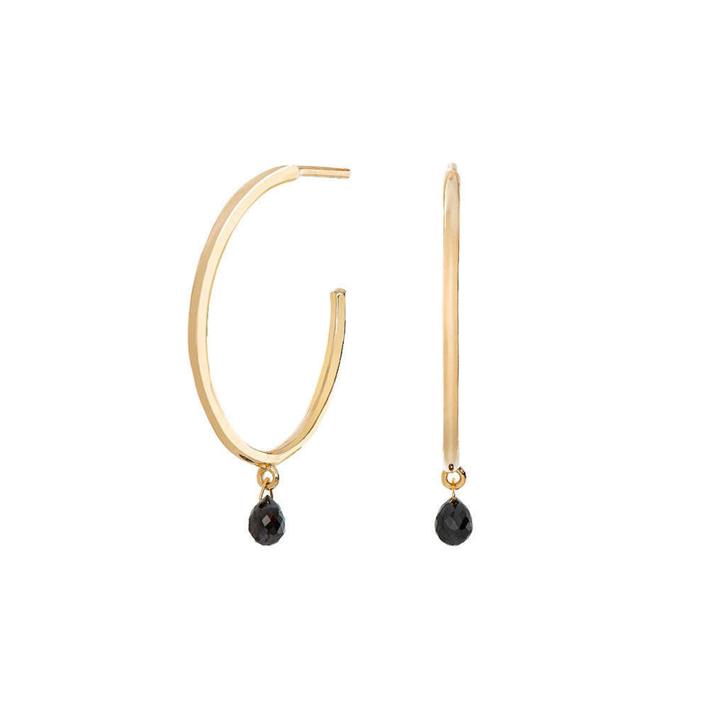 18 Karat Yellow Gold ADELINE hoops with 2 Black Diamonds Briolette