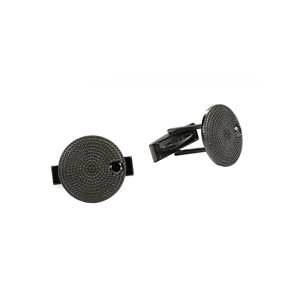 Sterling Silver Black Rhodium Textured Disc Cufflinks with Round Black Diamonds