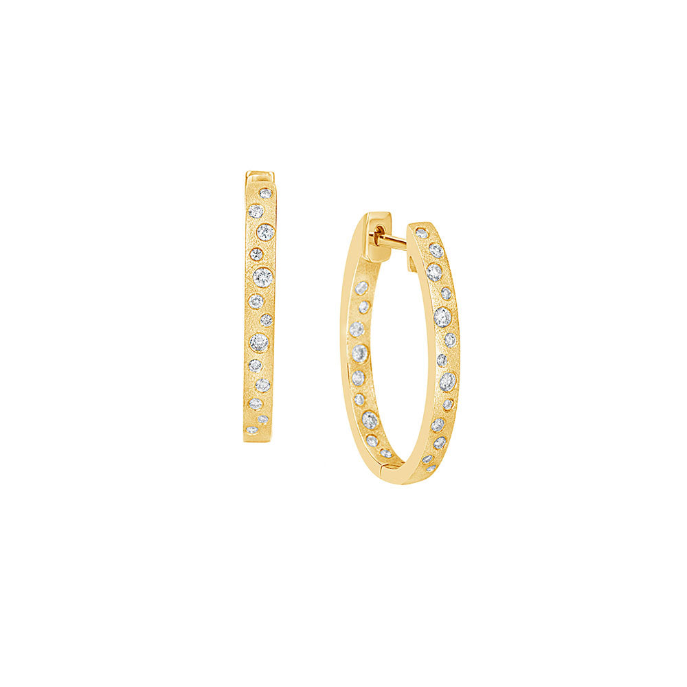 14 Karat Yellow Gold Oval In and Out Hoop Earrings With Flush Set Diamonds